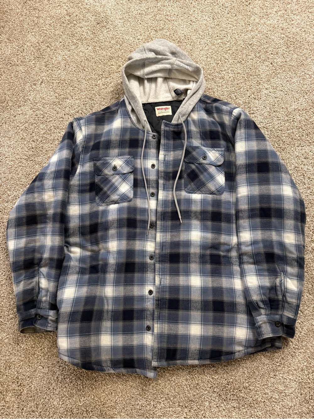 Wrangler Navy and Gray Plaid Hooded Flannel Shirt Jacket